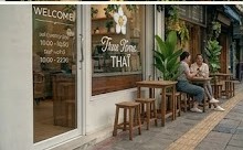 Cozy outdoor cafe entry seating